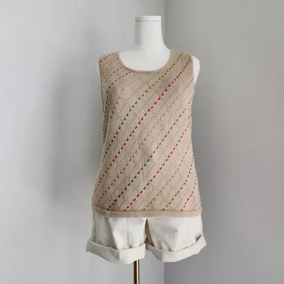 Vintage Y2K Liz Claiborne Tan Cotton Knit Running Stitch Sleeveless Tank Top M L - Picture 2 of 9